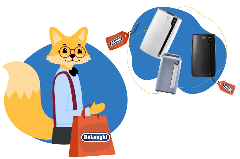 Der Smart-Home-Fox Experte steht vor unterschiedlichen De’Longhi mobilen Klimaanlagen.